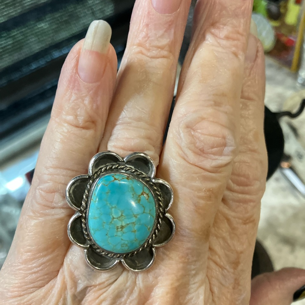 Rose Castillo Turquoise and Silver Floral Sterling Ring 6.5